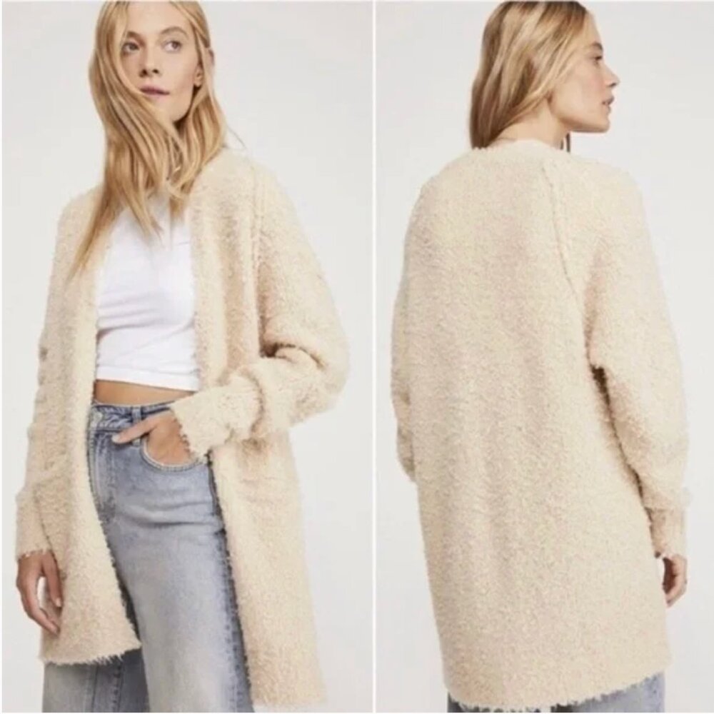Free People Once In A Lifetime Wool Blend Shaggy Long Open Cardigan Ivory Size M